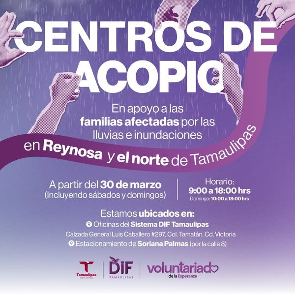 Activa DIF Tamaulipas centros de acopio para apoyar a familias afectadas por lluvias e inundaciones en la frontera