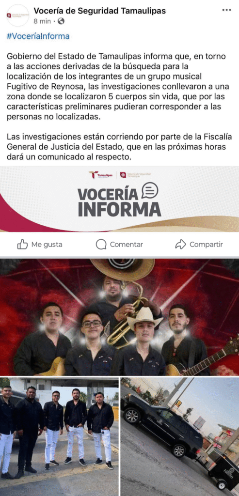 Hallan 5 cadáveres; pueden ser los músicos del grupo Fugitivo