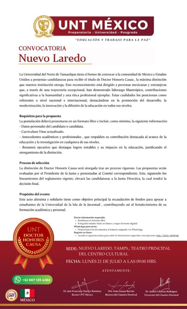 Convoca Universidad UNT México a presentar candidaturas para recibir el título de Doctor Honoris Causa