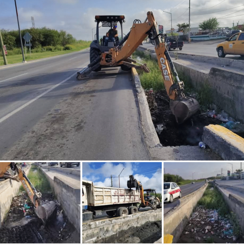 Desazolvan cuadrillas municipales dren del bulevar Oriente en Reynosa