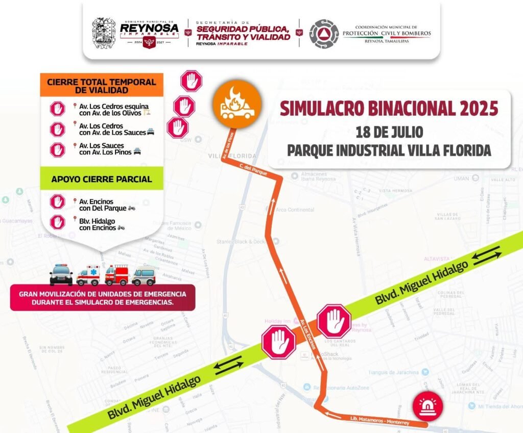 Cierre de vialidades por Simulacro Binacional DINAPREQ 2025