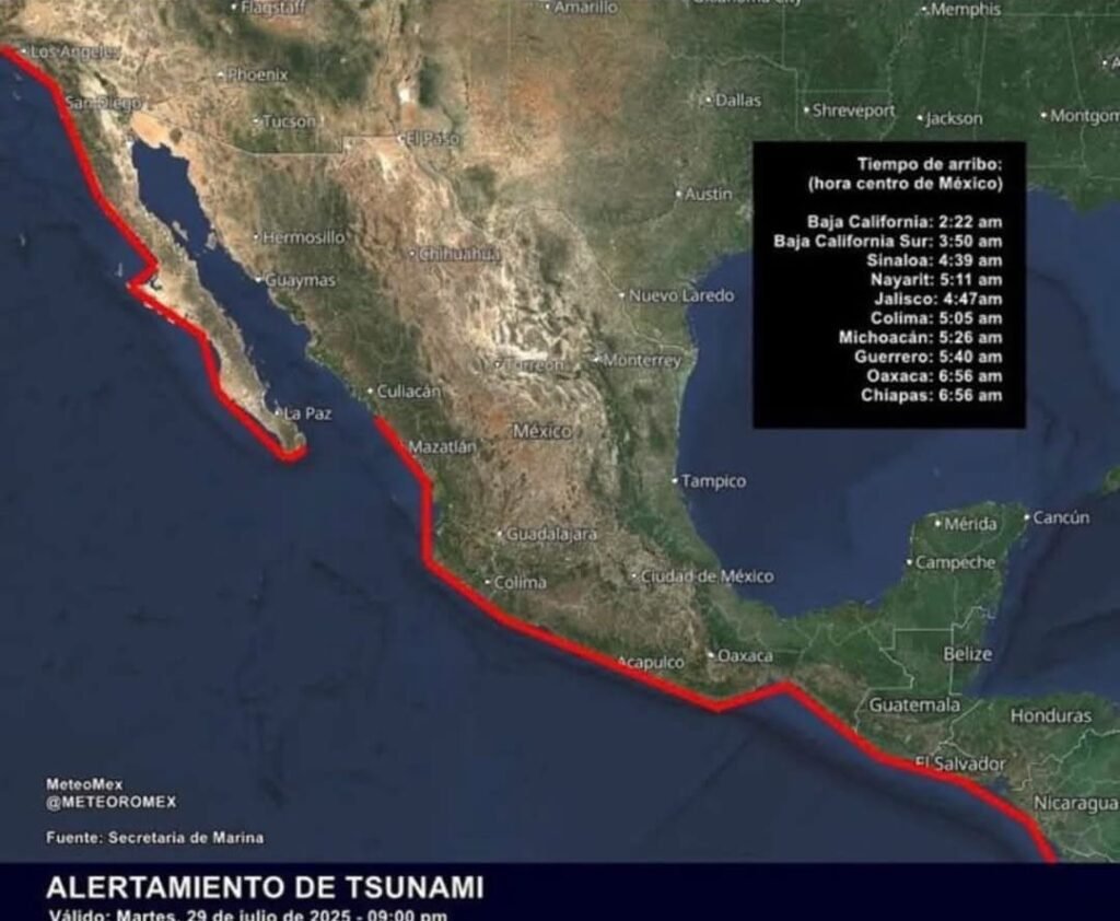 Aviso de tsunami en costas mexicanas por terremoto de 8.7 en Rusia
