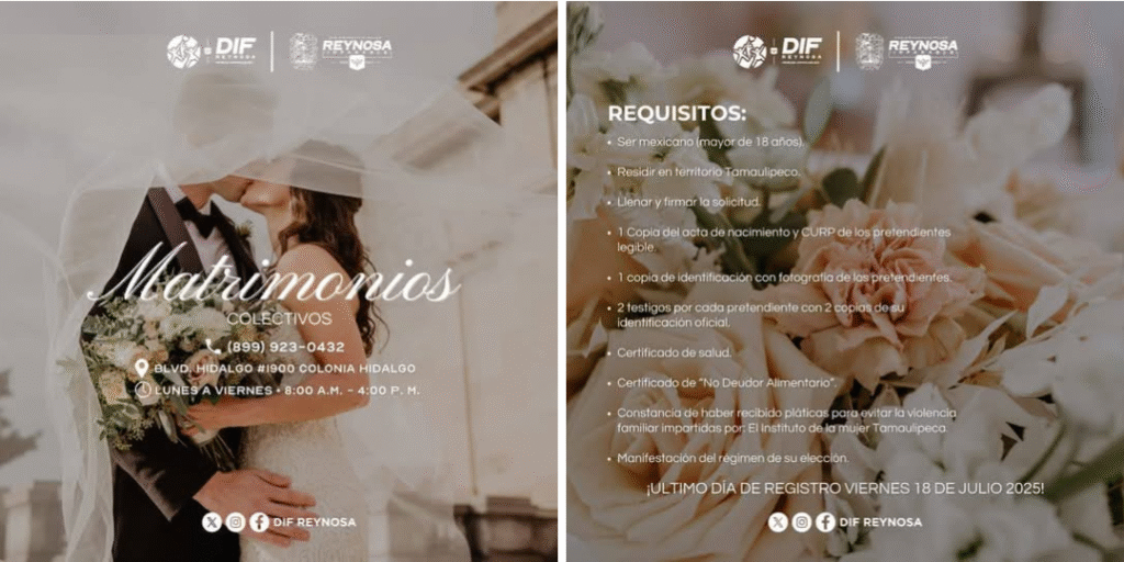 Último día para registrarse en Campaña de Matrimonios Colectivos 2025 del DIF-Reynosa