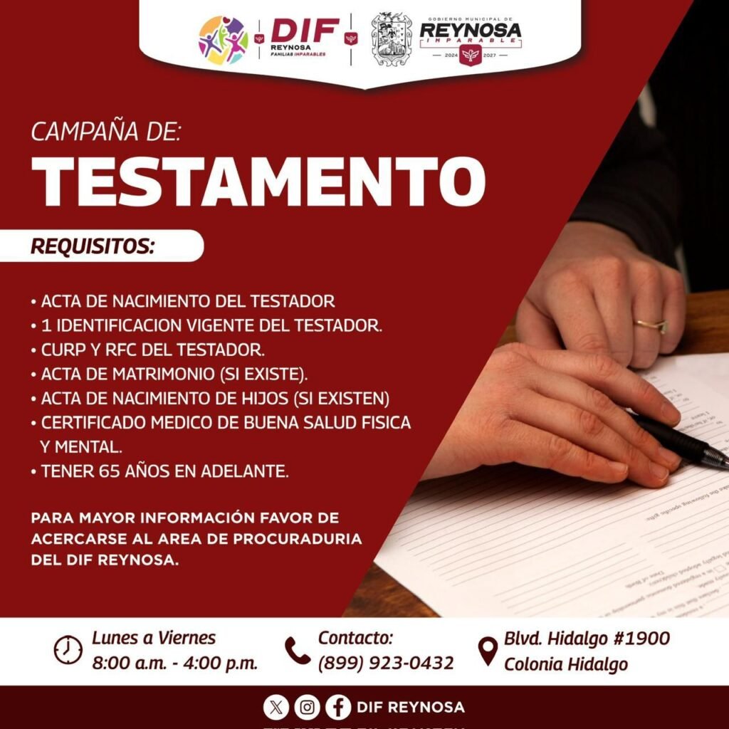 Impulsan DIF-Reynosa y Voluntariado campaña de Testamento para proteger el patrimonio familiar