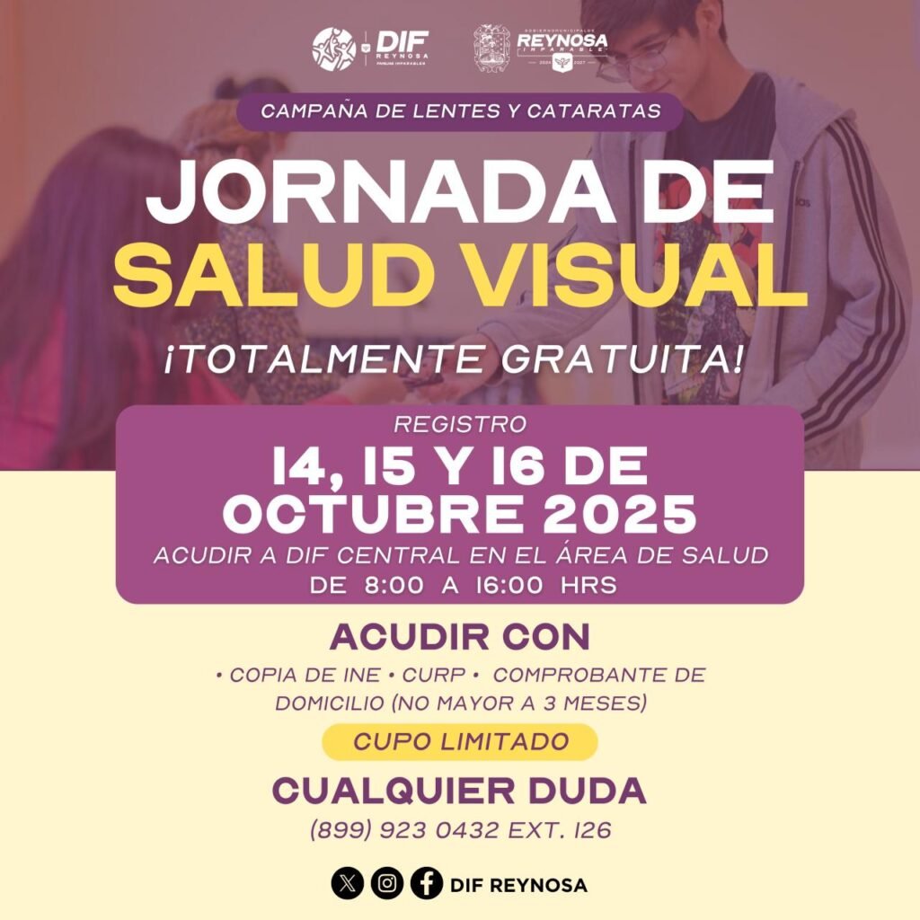 Invita DIF-Reynosa a registrarse a Jornada de Salud Visual para apoyar a la población con problemas de la vista