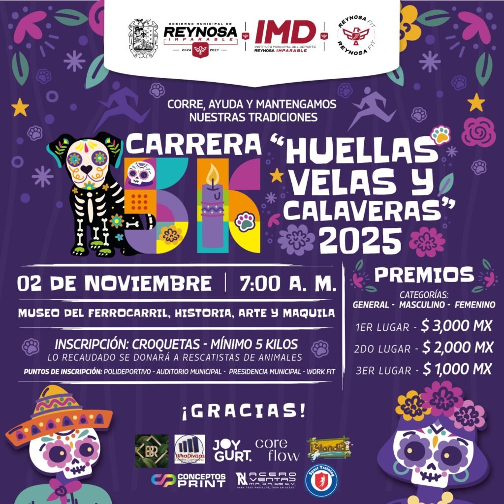 Invita el Gobierno de Reynosa a participar en la carrera 5K Huellas, Velas y Calaveras 2025