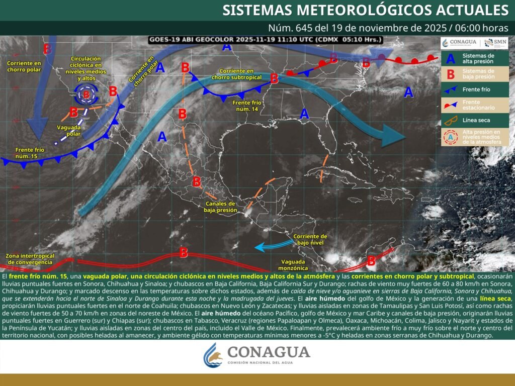 Afectará Frente Frío número 15 con lluvias y temperaturas bajas
