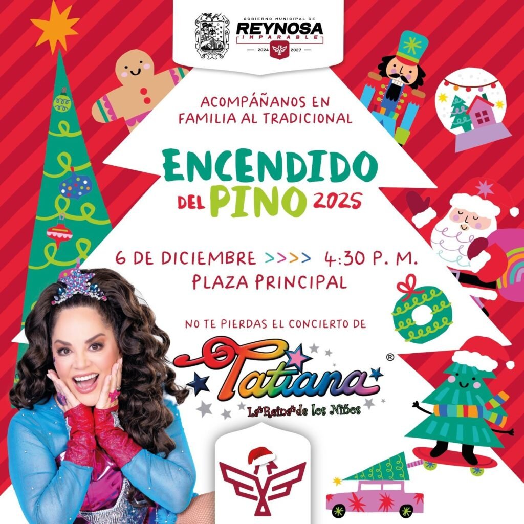✨🎁 El alcalde de #Reynosa, Carlos Peña Ortiz, invita al tradicional Encendido del Pino 2025.🗓️ 6 de diciembre — 4:30 PM📍 Plaza Principal🎶 Concierto de #Tatiana, La Reina de los Niños.¡Disfruta el inicio de la Navidad!