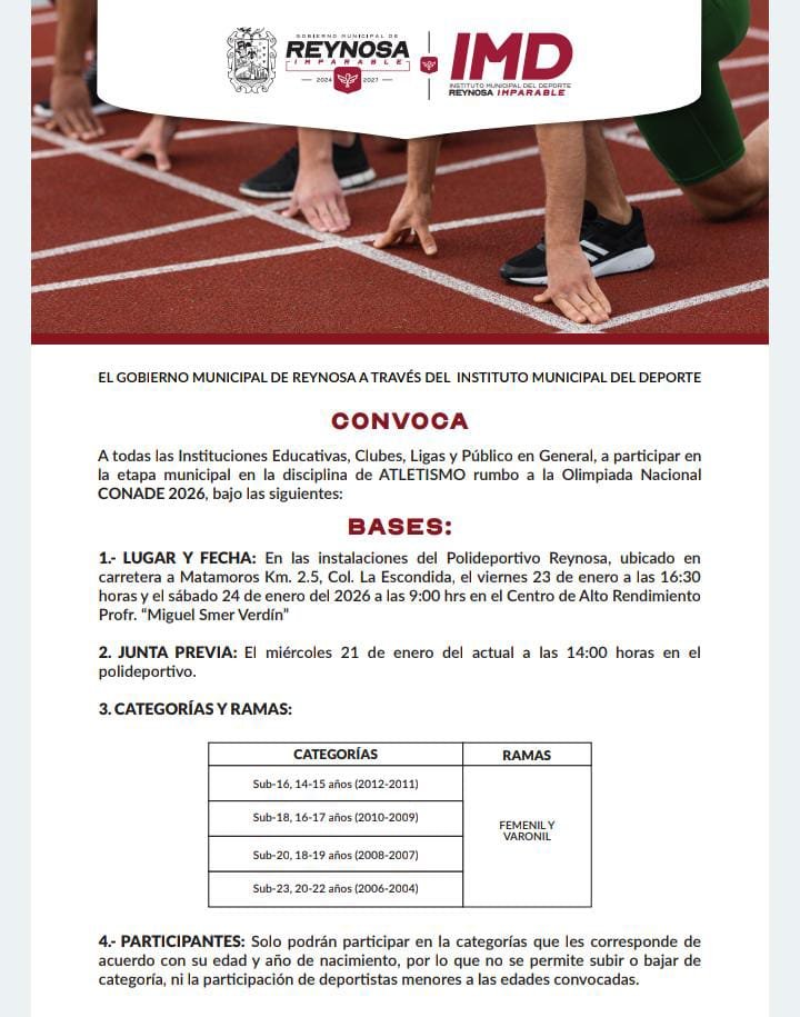Convoca el Gobierno de Reynosa a la Eleminatoria de Atletismo