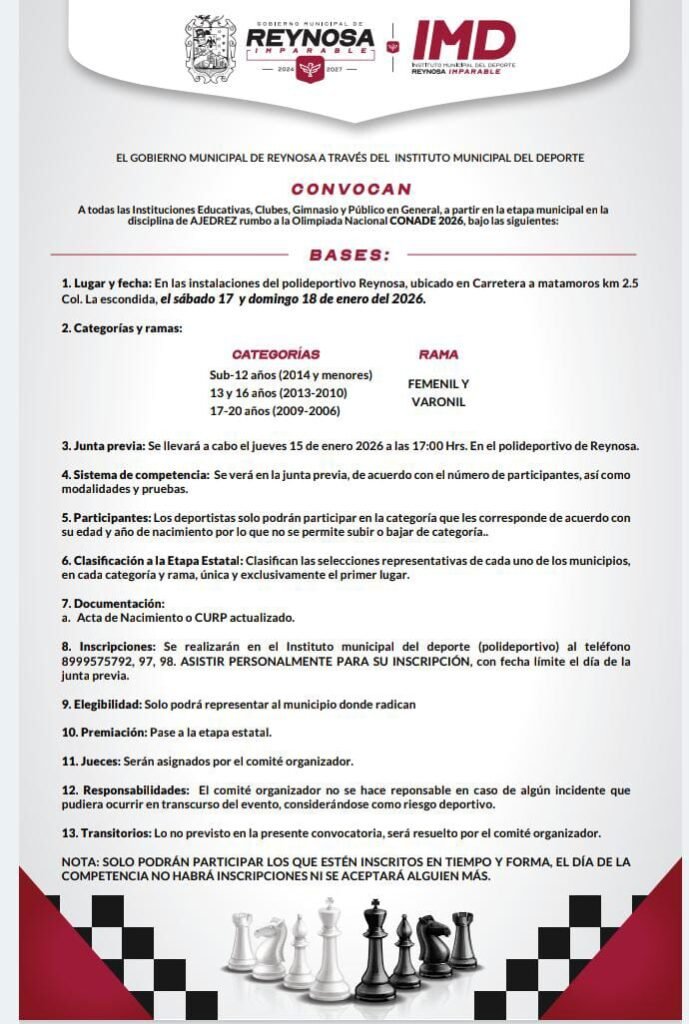 Invita Gobierno de Reynosa a inscribirse en Torneo de Ajedrez