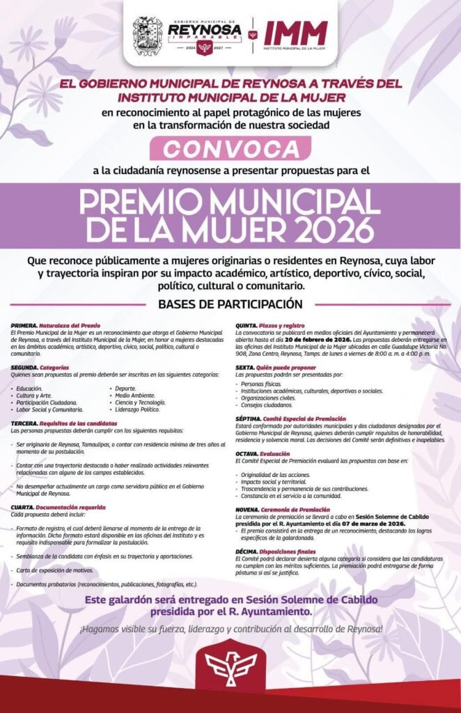 Recibe Gobierno de Reynosa propuestas al Premio Municipal de la Mujer 2026