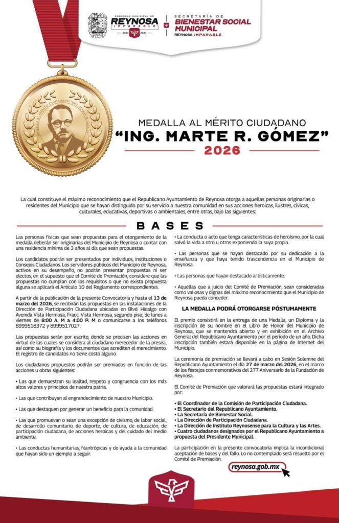 Entregará Gobierno de Reynosa Medalla al Mérito Ciudadano “Ing. Marte R Gómez” 2026