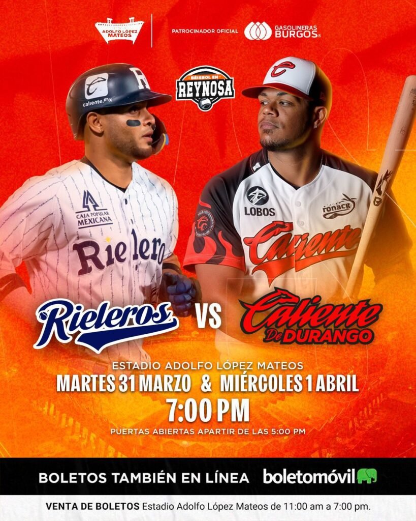 ⚾ ¡No te pierdas un juego imparable!Rieleros vs. Caliente de Durango🗓️ 31 de marzo y 1 de abril🕖 7:00 PM🏟️ Estadio Adolfo López Mateos🎟️ Boletos en línea y taquilla