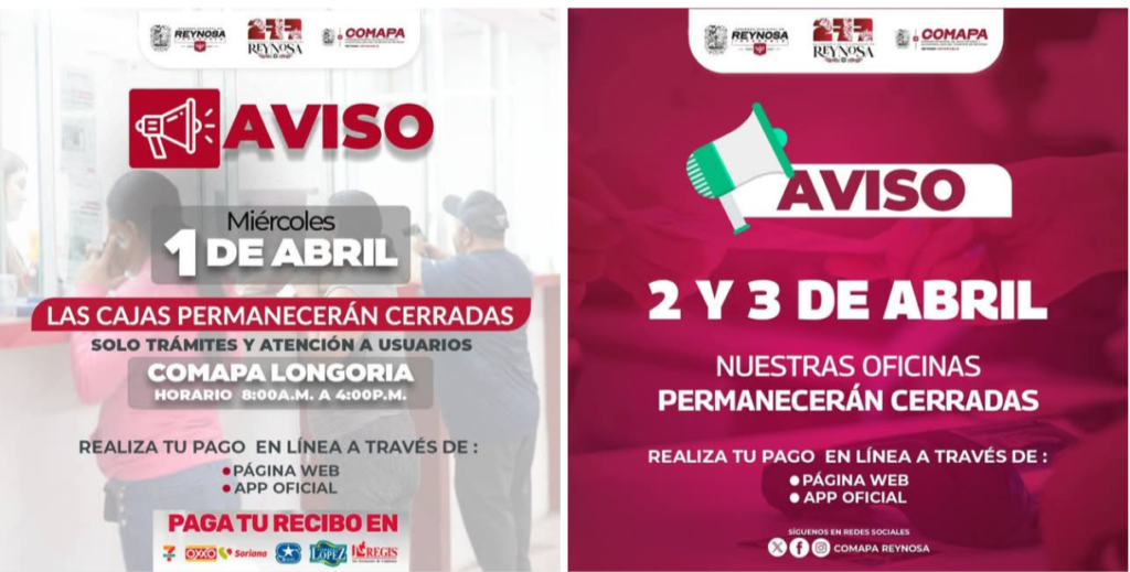 La COMAPA de Reynosa informa horarios especiales de atención para los días 1, 2 y 3 de abril