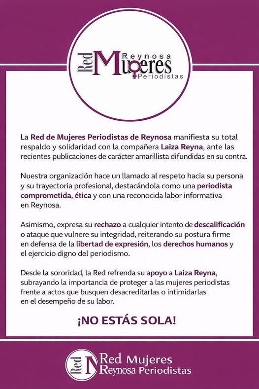 Respalda Red de Mujeres Periodistas de Reynosa a reportera Laiza Reyna