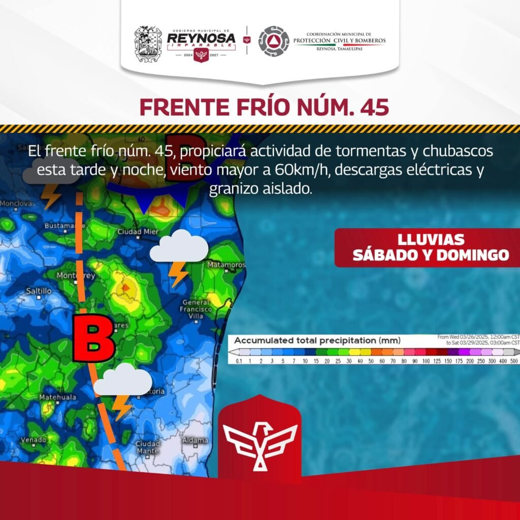 Traerá Frente Frío No. 45 lluvias a Reynosa: PCyB