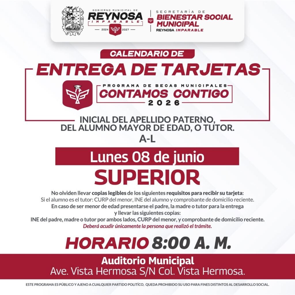 Invita Carlos Peña Ortiz a beneficiarios de Beca de Educación Superior a recibir su tarjeta Contamos Contigo 2026