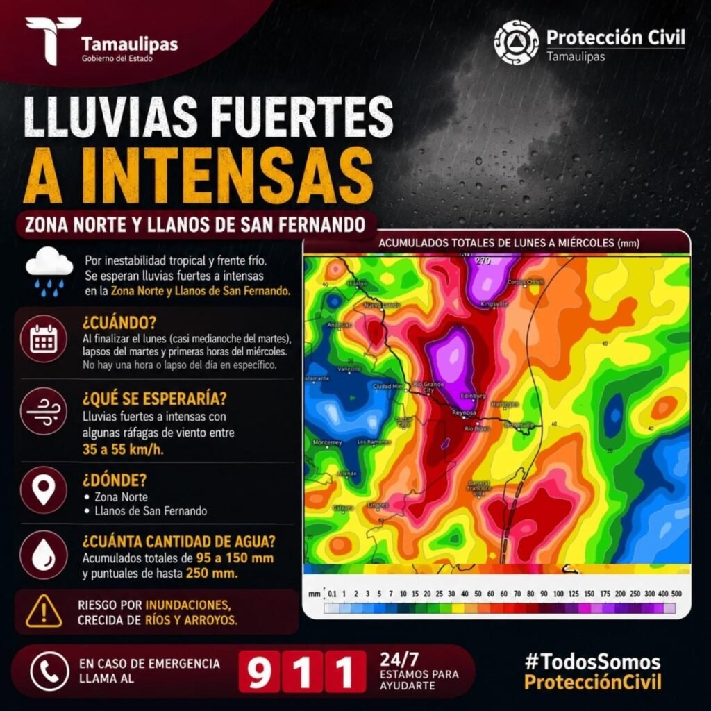 Exhorta Protección Civil a extremar precauciones ante pronóstico de lluvias intensas en Tamaulipas