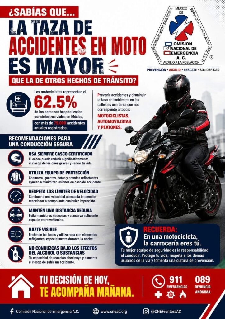 Alerta la Comisión Nacional de Emergencia sobre aumento de accidentes de motociclistasVoluntarios integrantes de la Comisión Nacional de Emergencia, CNE, promueven la conducción segura, alertando sobre el incremento notable de accidentes en motocicleta, como lo dio a conocer Candido Francisco Rodriguez, comandante local Delegación 2809, en Reynosa.