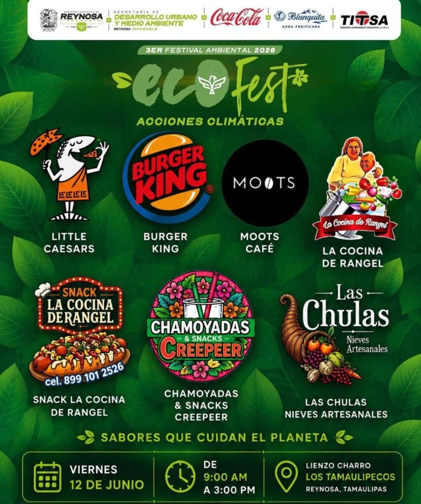 Este viernes 12 de junio, de 9 a 3 p. m., en Lienzo Charro Los Tamaulipecos, de Reynosa, llega el Eco Fest 2026 🌱🍴. Disfruta de una oferta gastronómica sustentable y participa en un evento dedicado al cuidado del planeta 🌎✨. El alcalde Carlos Peña Ortiz invita a todos a ser parte de este gran festival.