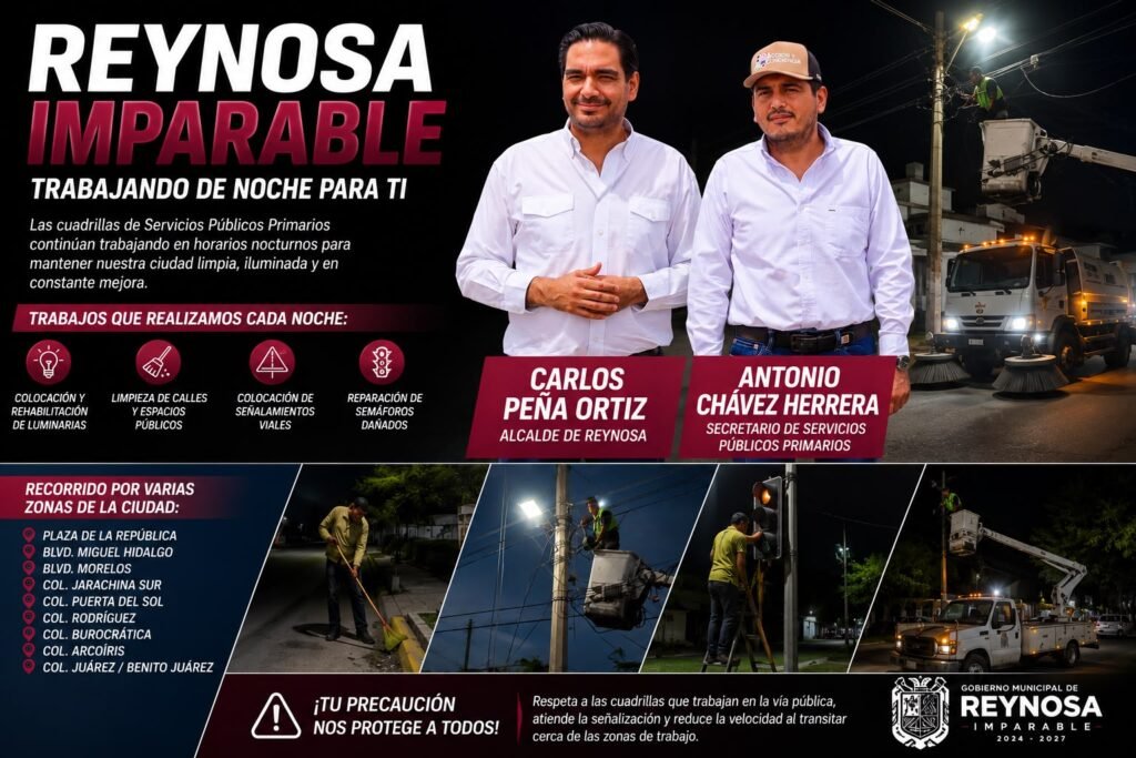 Carlos Peña Ortiz y Antonio Chávez Herrera supervisan el trabajo nocturno de cuadrillas de Servicios Públicos en Reynosa