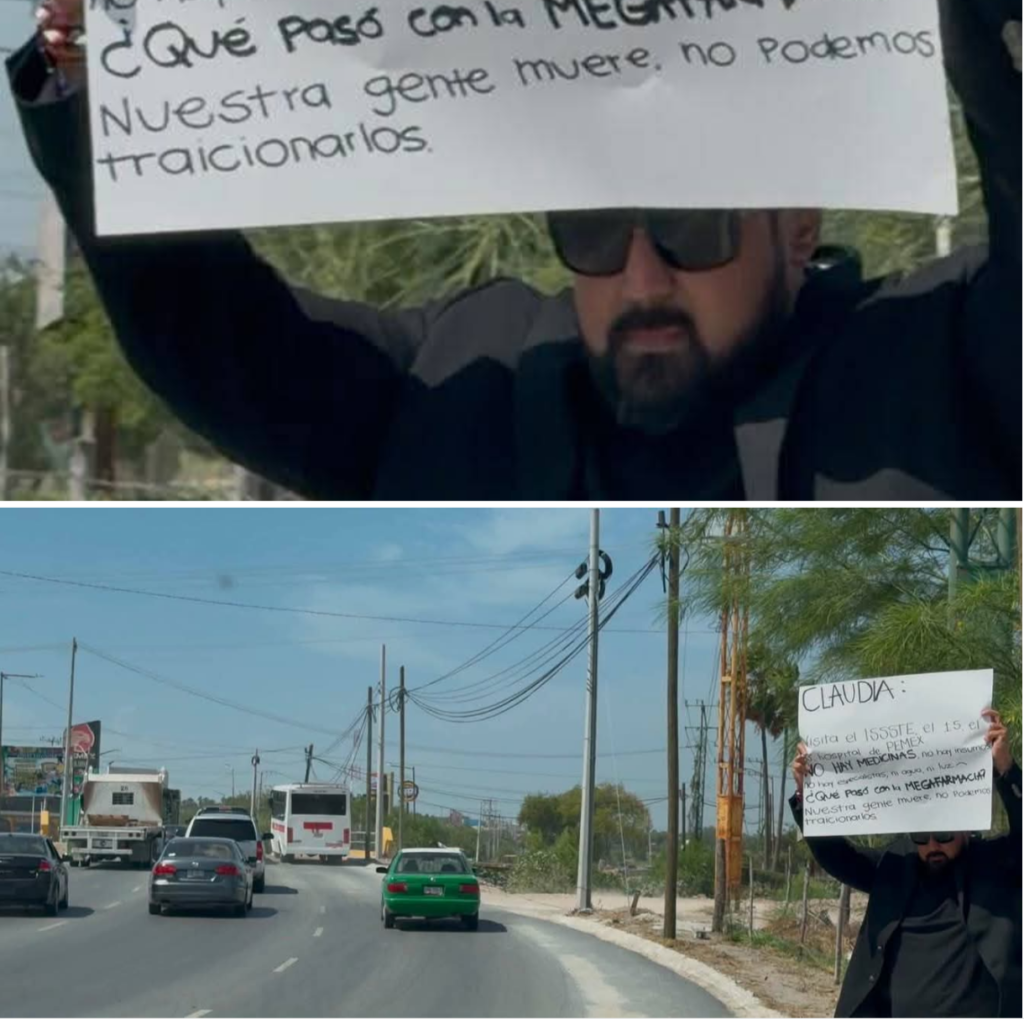 Activista protesta con pancarta durante paso de Sheinbaum en Reynosa