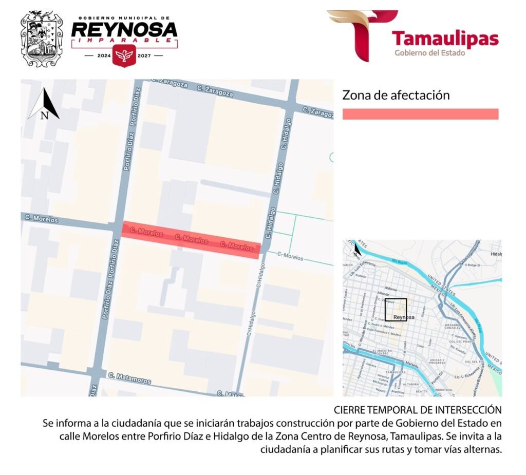 Cierre temporal en calle Morelos de la Zona Centro por trabajo de construcción
