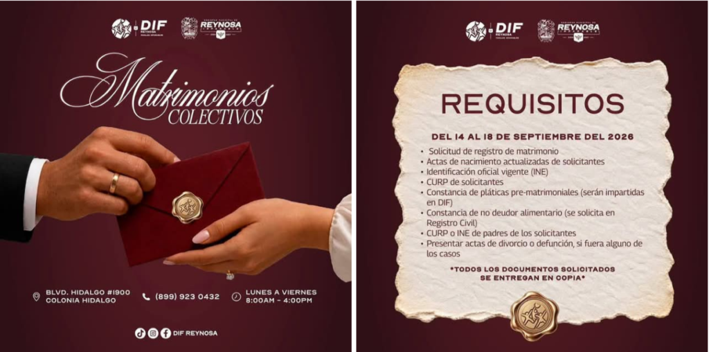 Inicia DIF-Reynosa registro para la campaña de Matrimonios Colectivos 2026