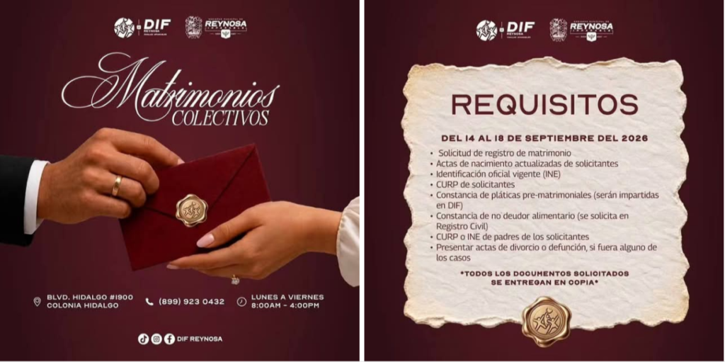Realiza DIF-Reynosa registro de Matrimonios Colectivos 2026