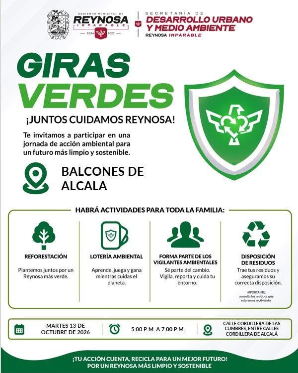 Anuncia Gobierno de Reynosa Gira Verde en Balcones de Alcalá para este martes 13 de octubre