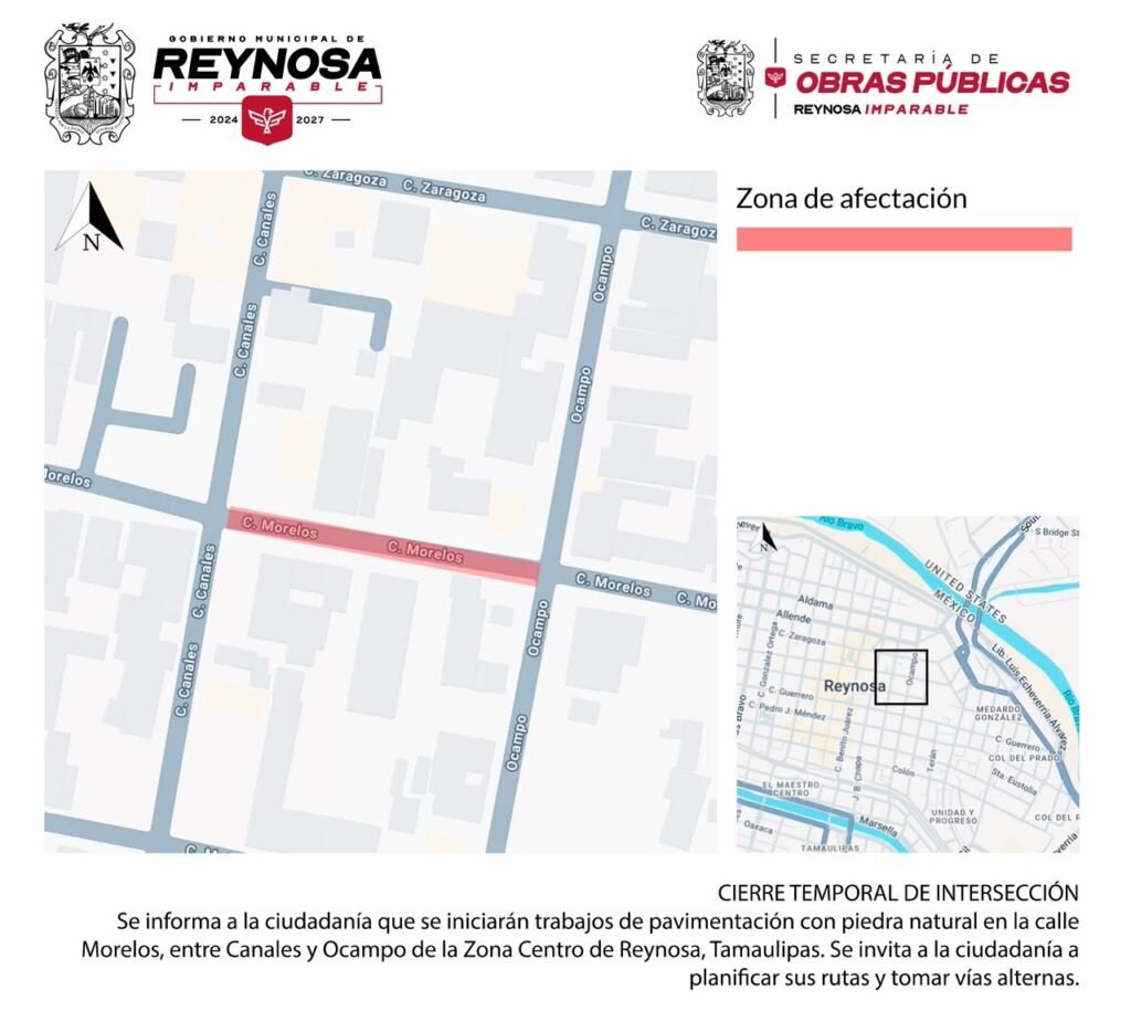 Anuncia Obras Públicas cierre temporal de la calle Morelos en la Zona Centro