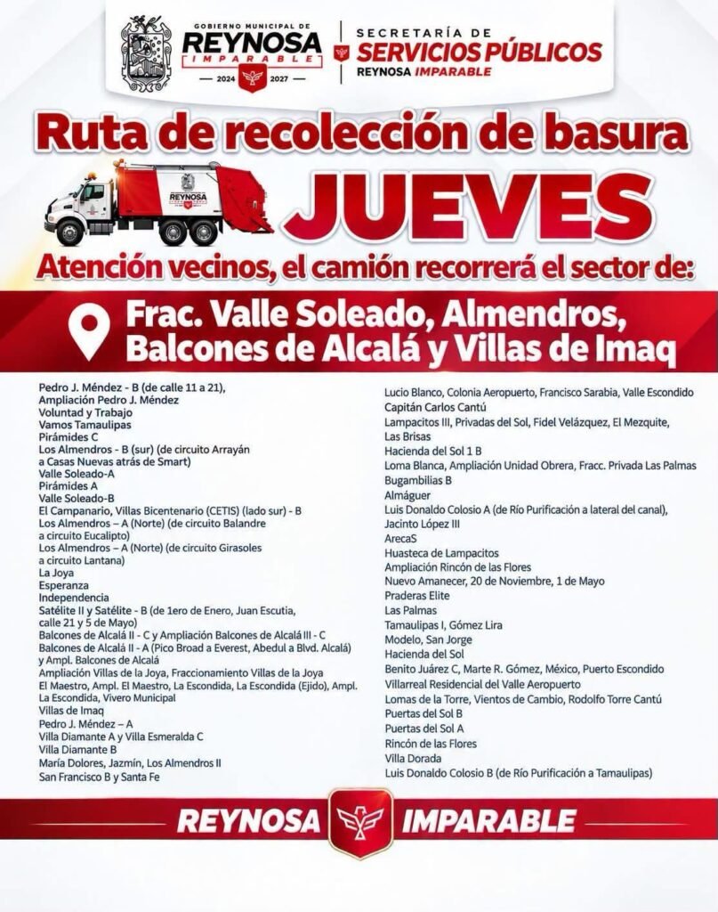 Recorre camión recolector Valle Soleado y Pedro J. Méndez, entre otras colonias hoy jueves