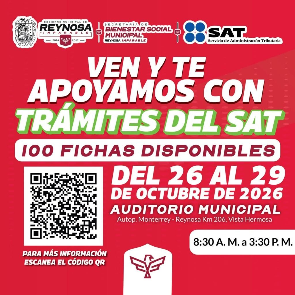 Invita Gobierno de Reynosa a jornada de trámites del SAT del 26 al 29 de octubre