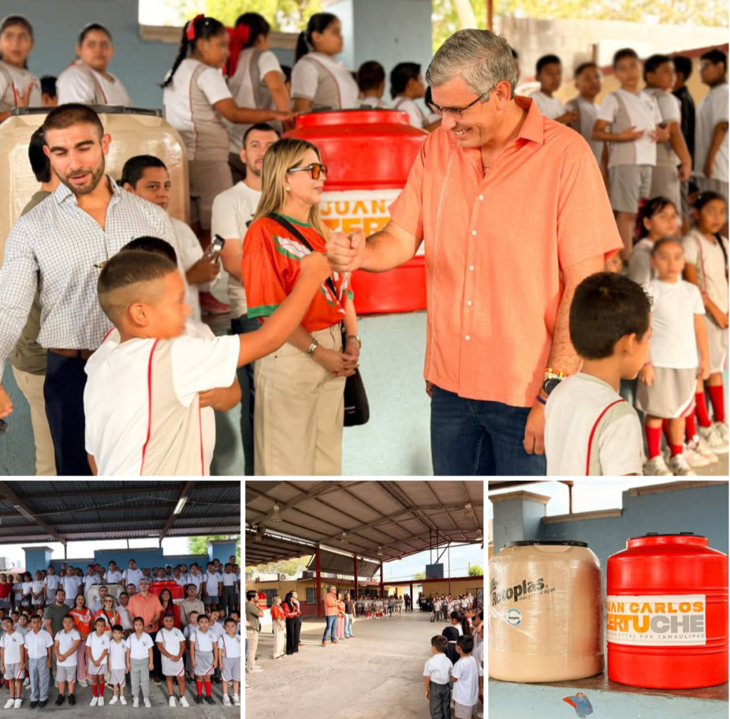Cumple Juan Carlos Zertuche con entrega de tinacos a primaria Himno Nacional