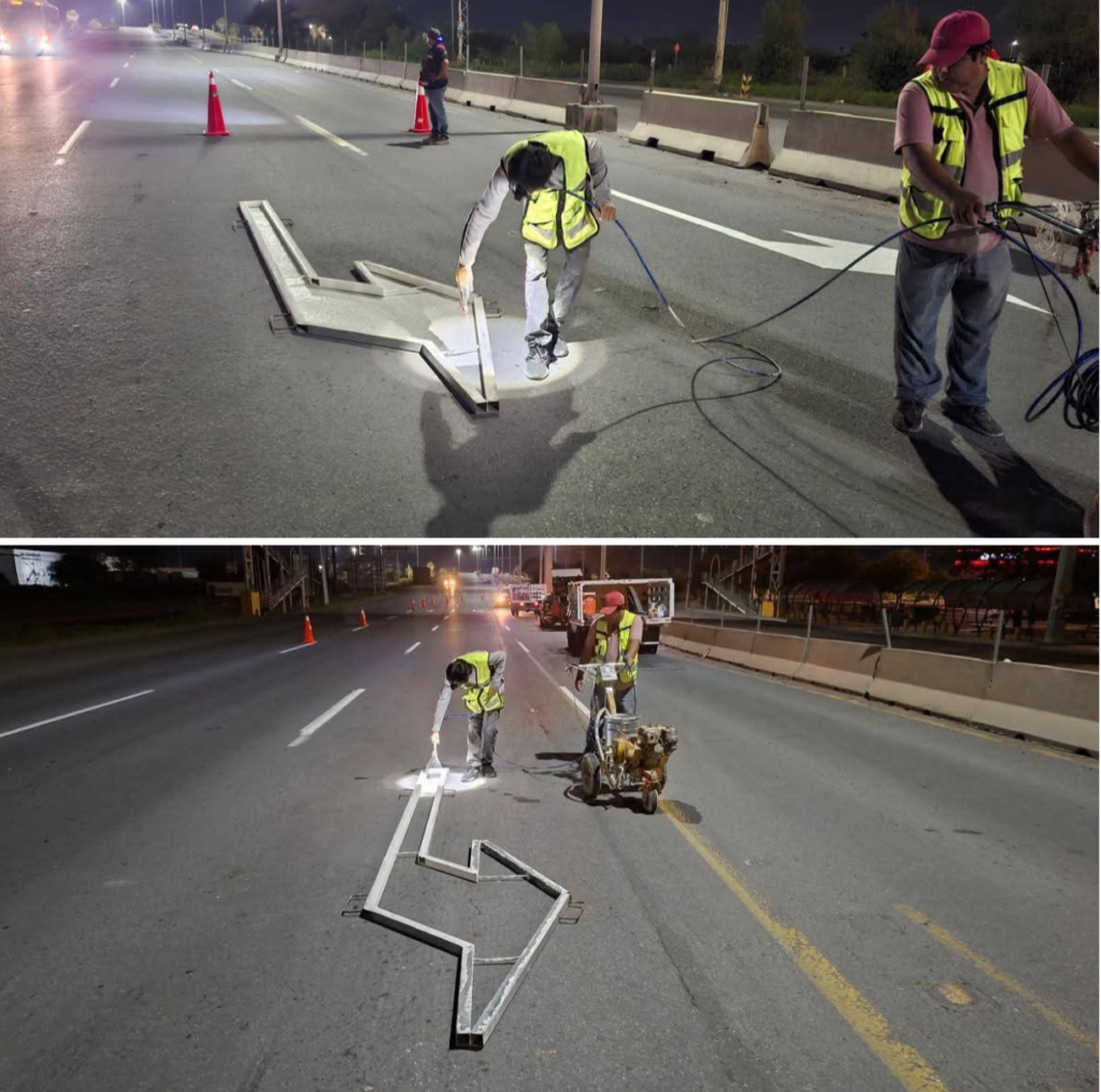 Pintó Servicios Públicos de Reynosa flechas viales en libramiento Monterrey-Matamoros